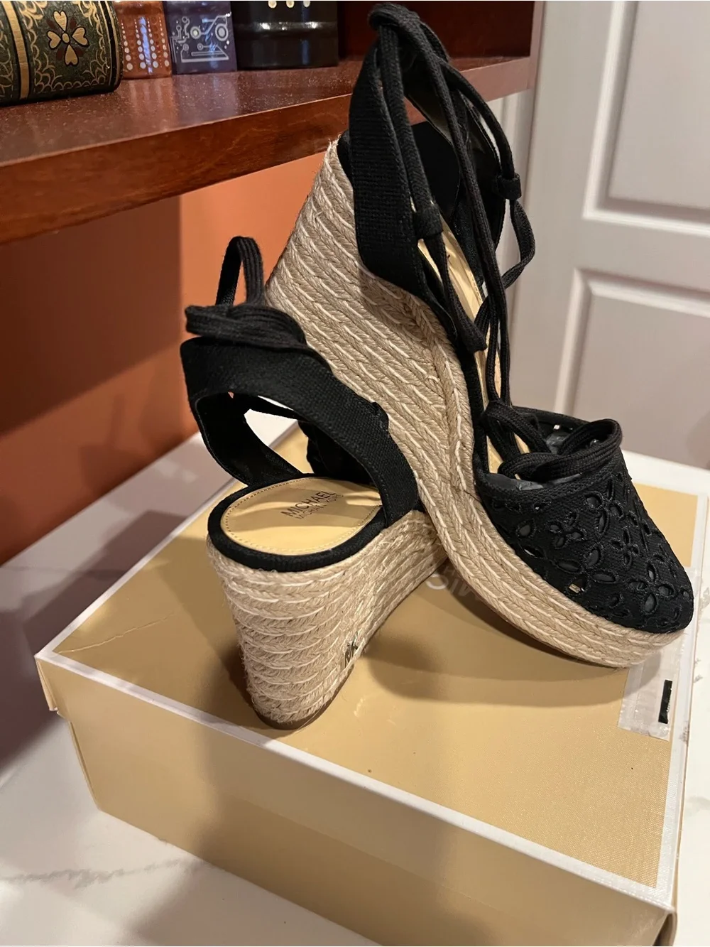 Michael Kors Black Floral Lace Espadrille Wedge Sandals with Ankle Tie